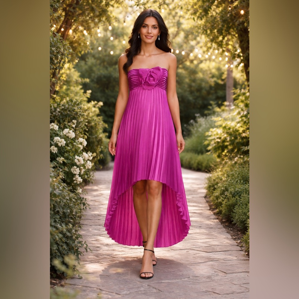 One33 Social Fuchsia Rosette Pleated Strapless High Low Midi Dress 2 NWT| Glam